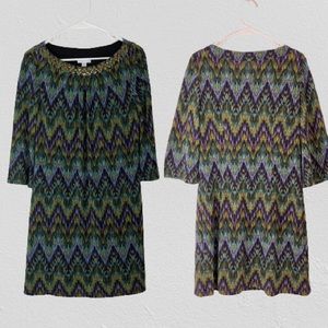 LONDON TIMES stretch dress multi-colored round neck flare sleeves L